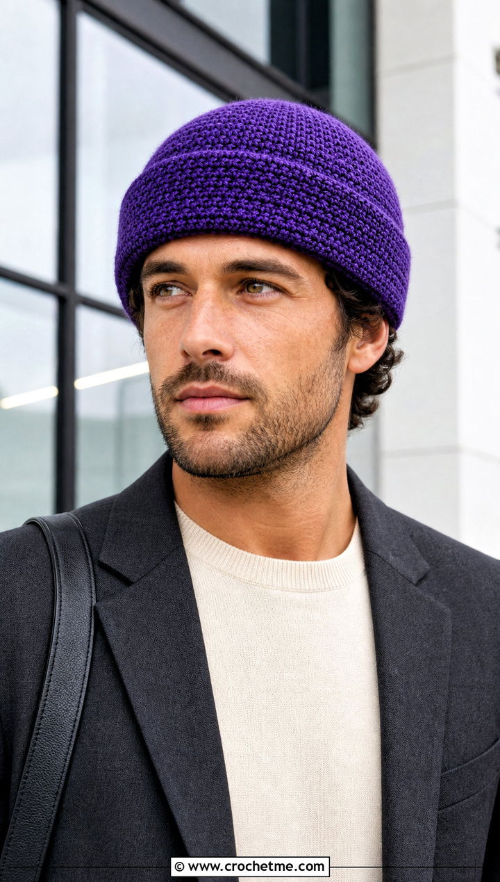 Fold Over Crochet Beanie With Suit And Sneakers - 25 crochet for men's beanies outfit ideas