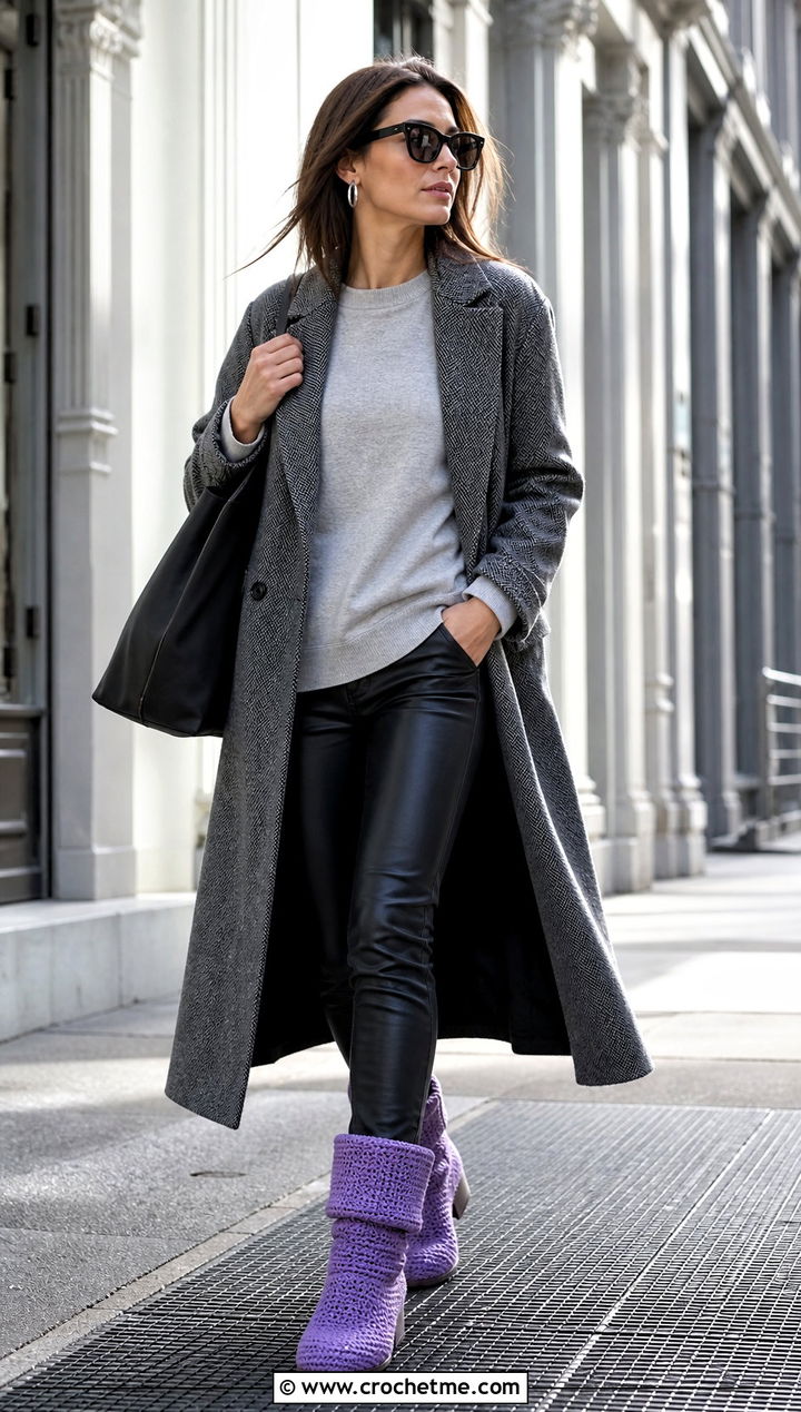 Fold Over Crochet Boots With Faux Leather Pants - 15 ugg style crochet boots outfit ideas