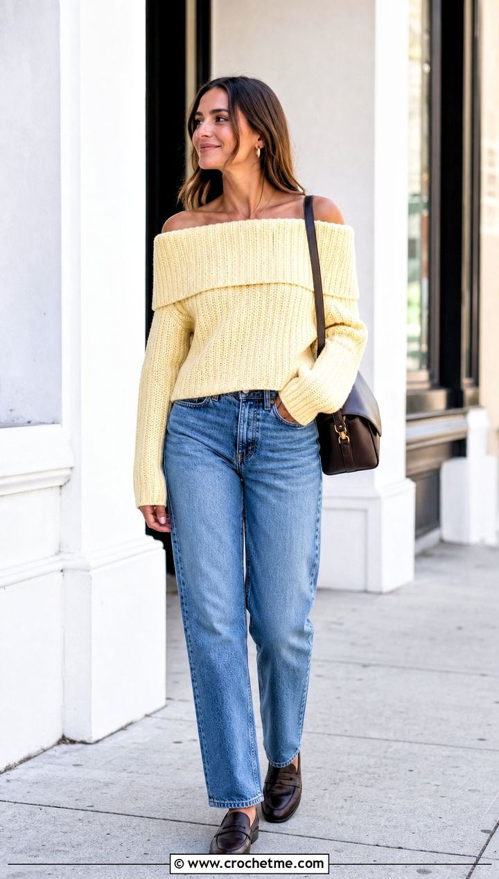 Fold Over Crochet Off Shoulder Sweater With Straight Leg Jeans - 25 Crochet Over The Shoulder Sweater outfit ideas
