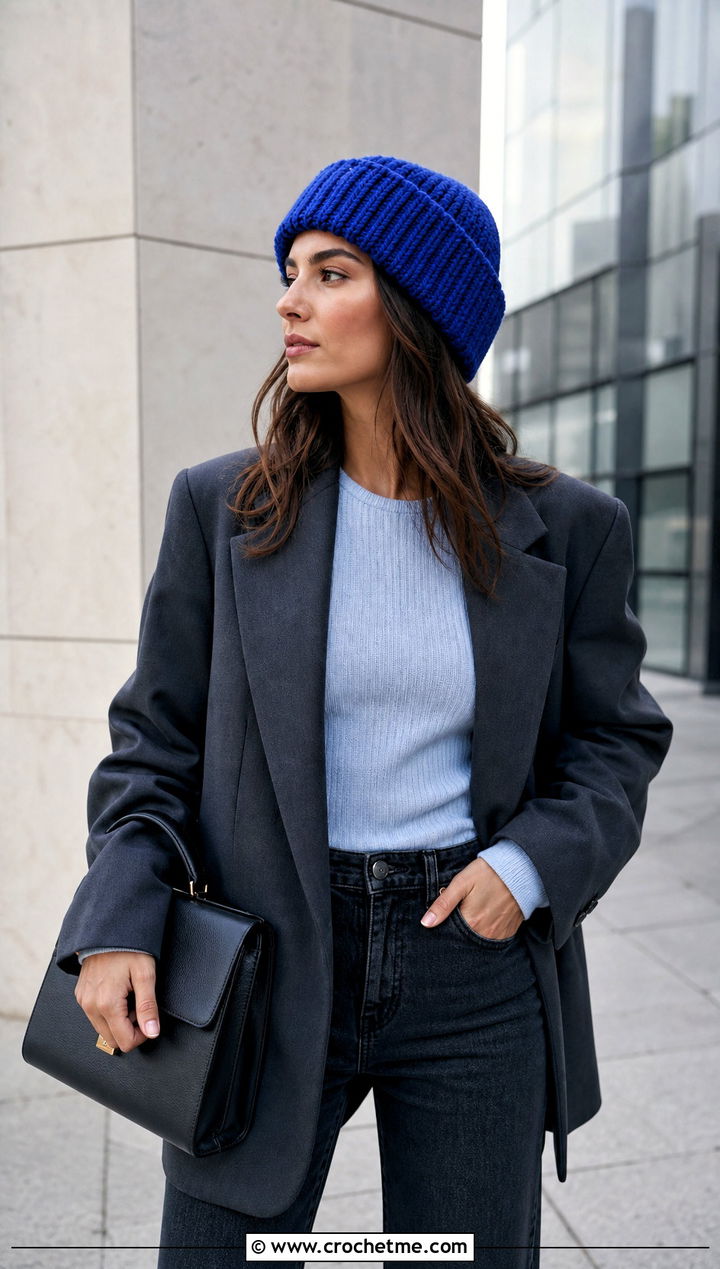 Fold Over Crochet Ribbed Beanie With Blazer - 20 easy crochet ribbed beanie outfit ideas