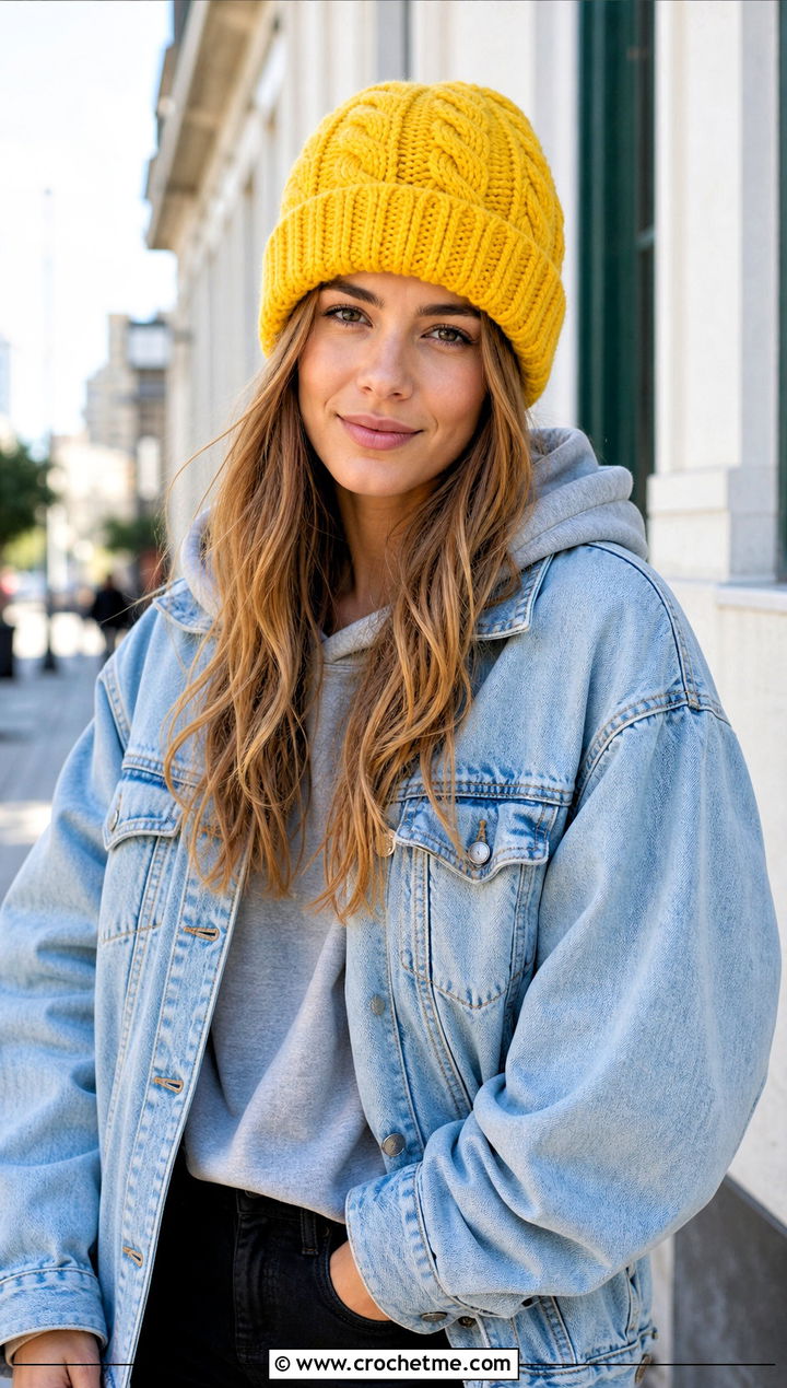 Fold Over Cuff Cable Crochet Beanie With Denim Jacket - 25 Cable Crochet Hat outfit ideas