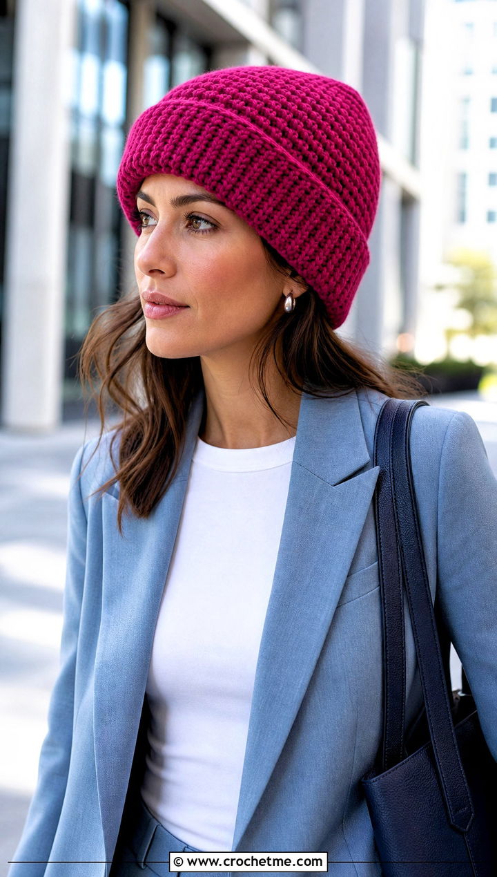 Fold Over Cuff Crochet Beanie With Matching Suit - 15 large crochet beanie outfit ideas