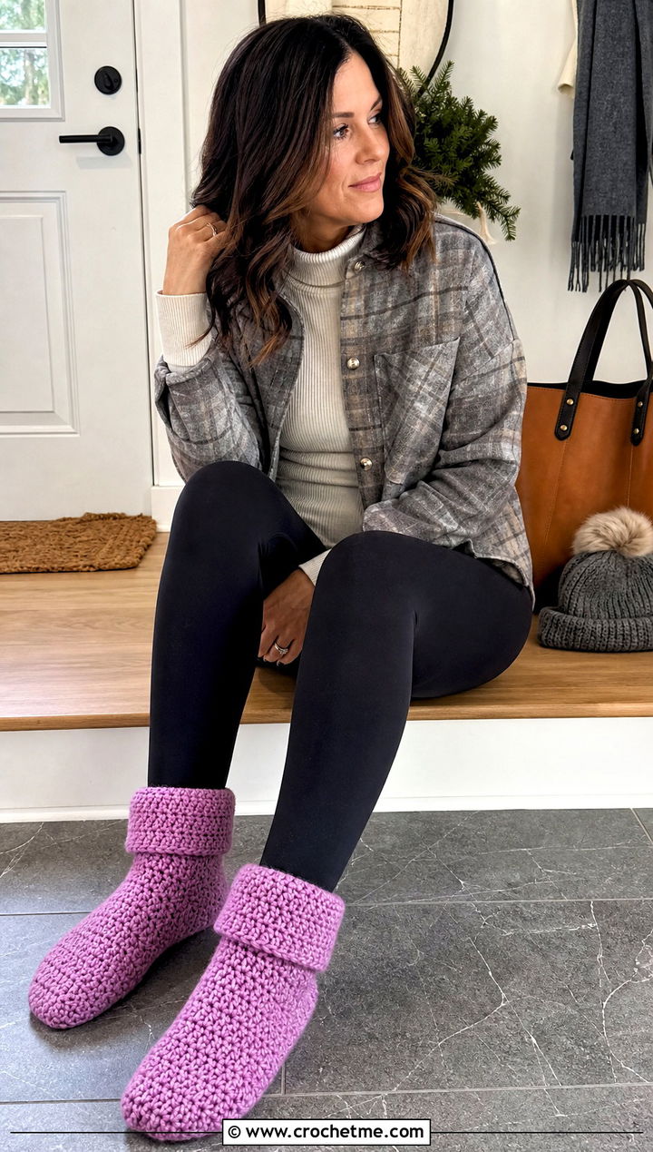 Fold Over Cuff Crochet Slipper Socks With Shacket - 25 Crochet Slipper Socks outfit ideas