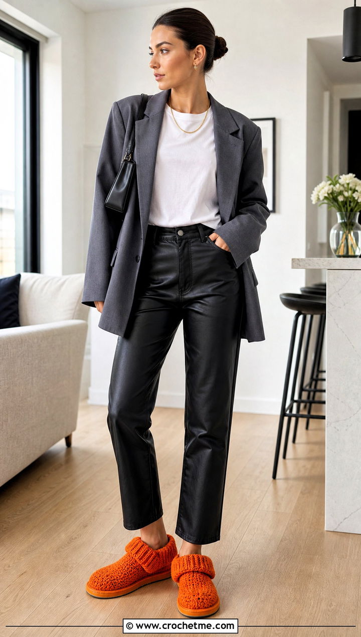 Fold Over Cuff Crochet Slippers With Leather Pants - 35 easy crochet slippers outfit ideas