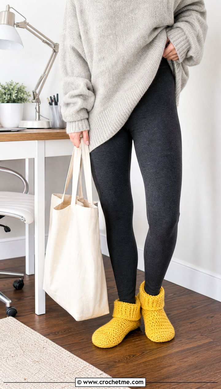 Fold Over Cuff Crochet Slippers With Leggings And Sweater - 25 Folded Crochet Slippers outfit ideas
