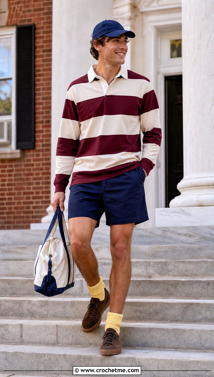 Fold Over Cuff Crochet Socks With Rugby Shirt - 35 crochet socks for men outfit ideas