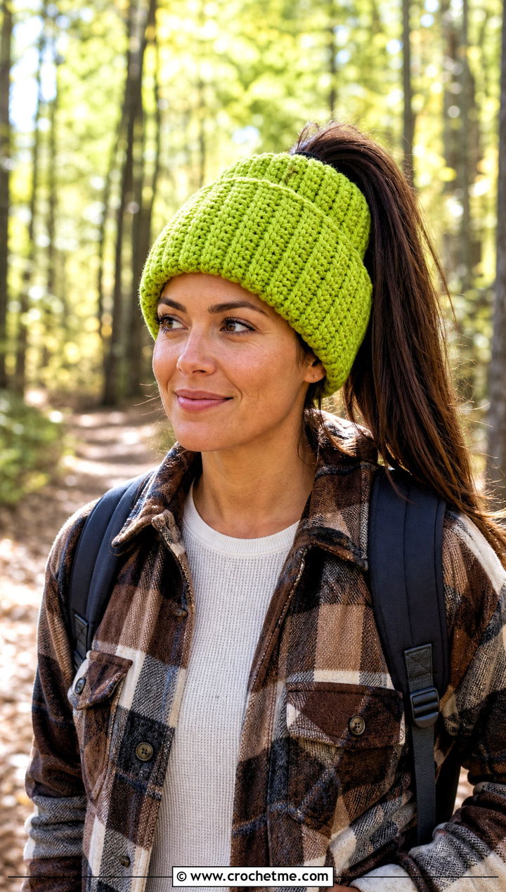 Fold Over Cuff Ponytail Beanie With Shacket And Hiking Boots - 30 crochet beanie with ponytail hole outfit ideas