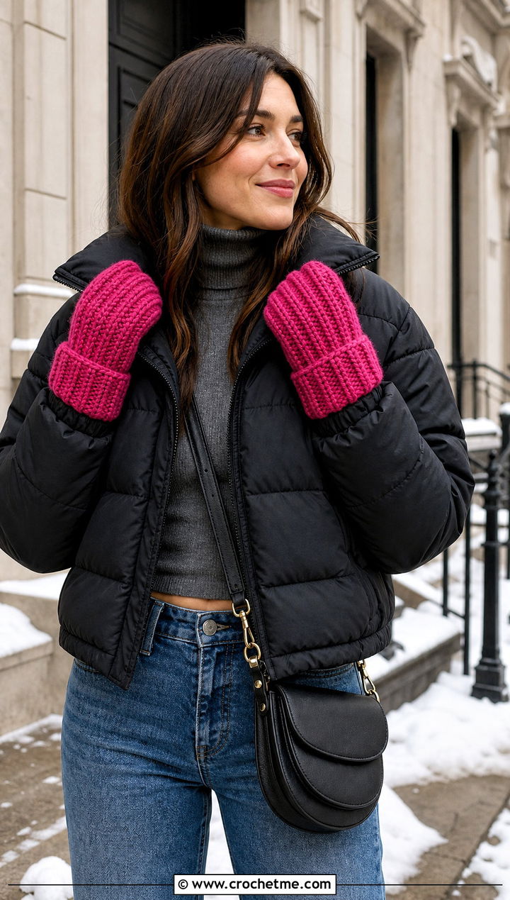 Fold Over Cuff Ribbed Mittens With Puffer Jacket - 15 Crochet Ribbed Mittens outfit ideas