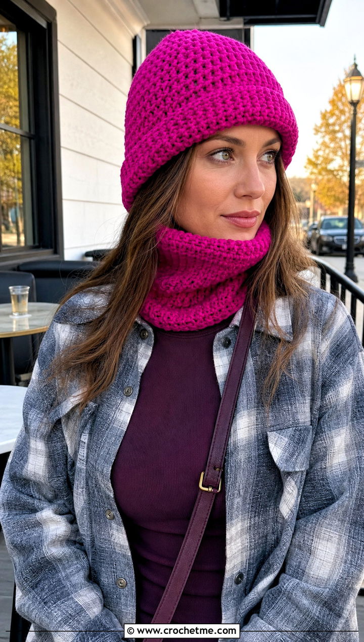 Fold Over Pink Crochet Balaclava With Shacket - 25 Pink Crochet Balaclava outfit ideas