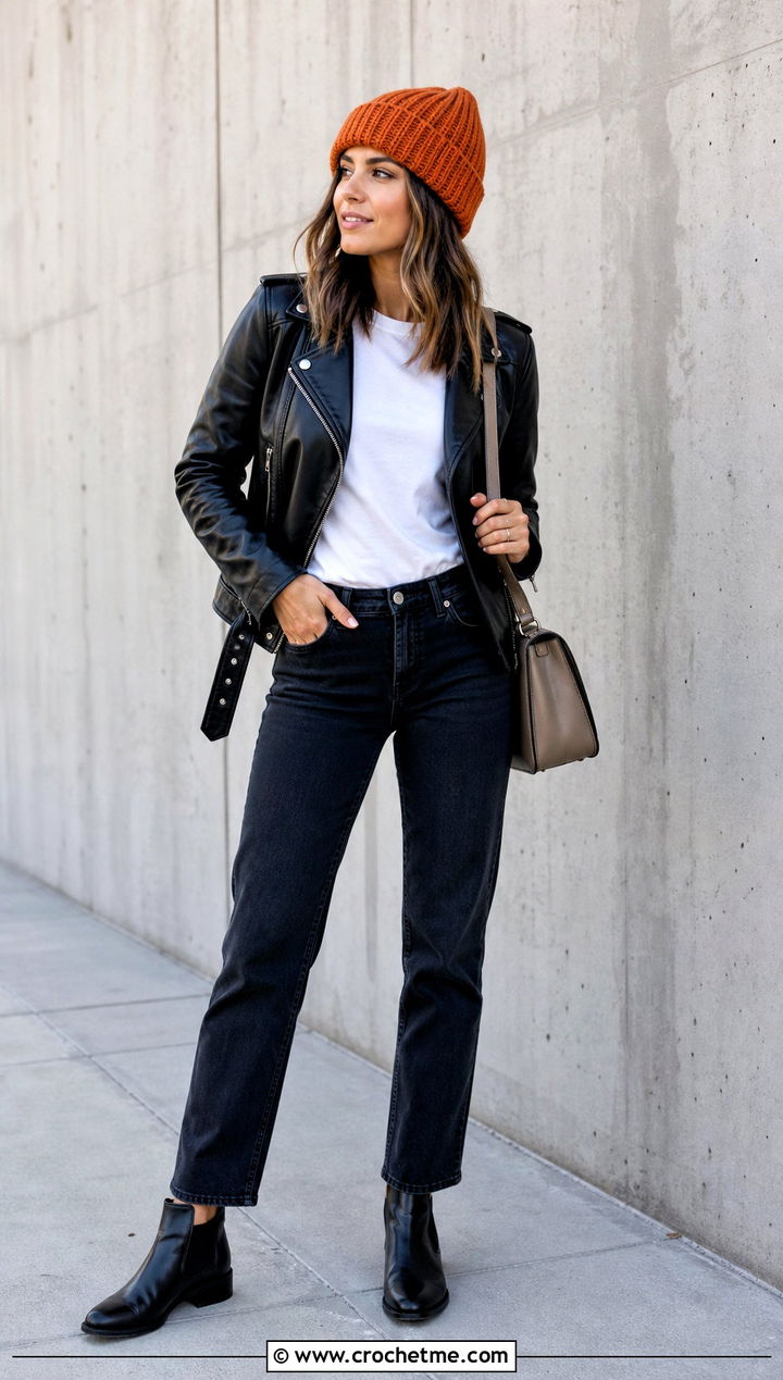 Fold Over Ribbed Crochet Beanie With Leather Jacket - 35 ribbed crochet hat outfit ideas