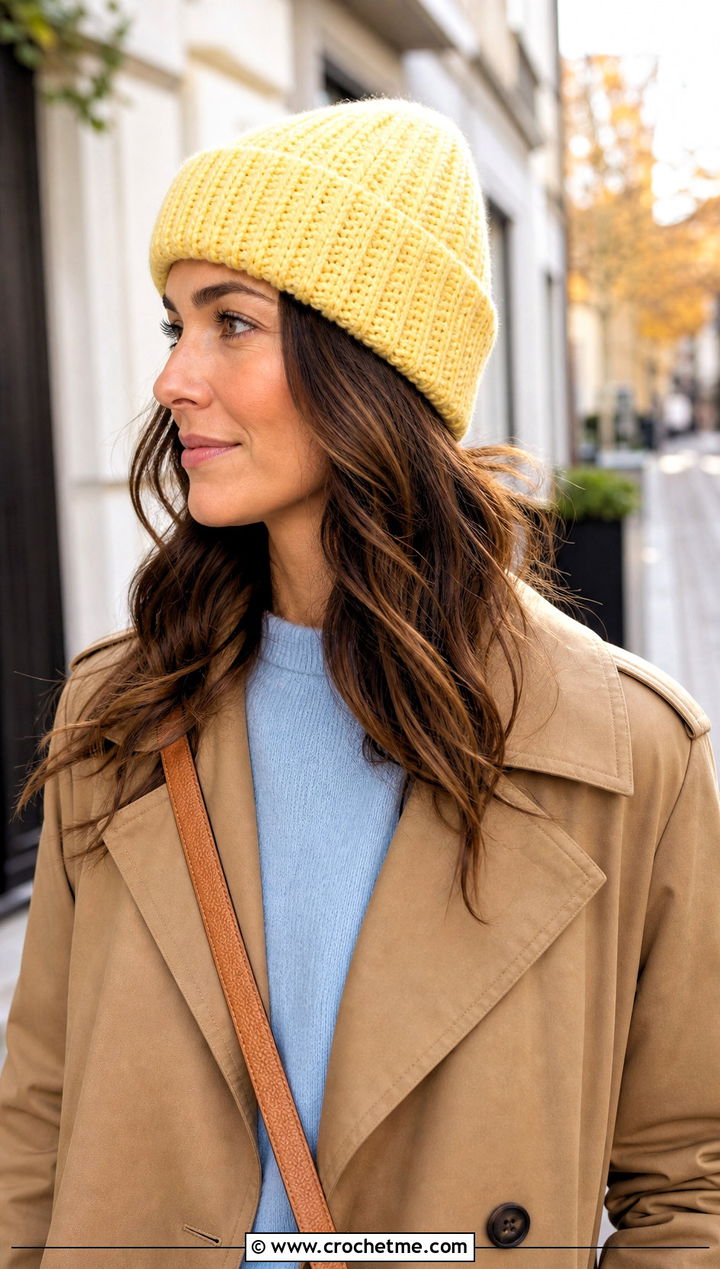 Fold Over Ribbed Crochet Short Row Beanie With Trench Coat - 20 Crochet Short Row Beanie outfit ideas