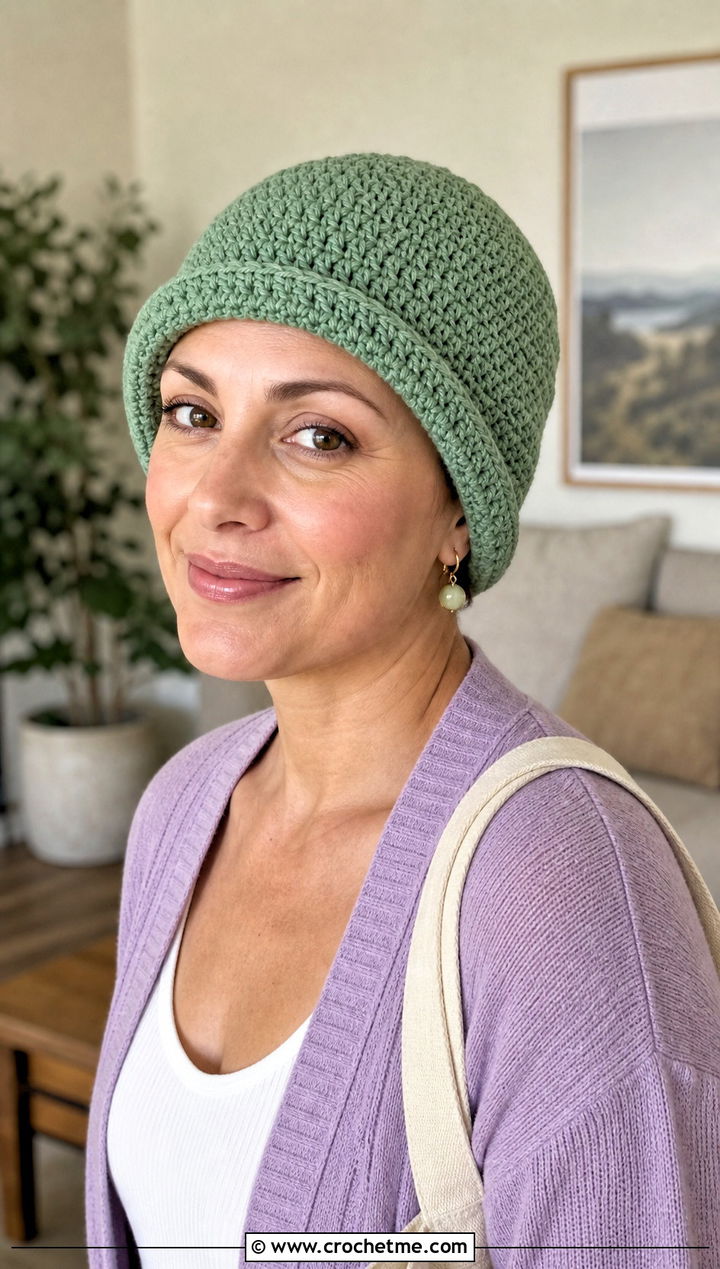 Fold Up Brim Crochet Chemo Hat With Lounge Set - 20 Easy Crochet Chemo Hats outfit ideas