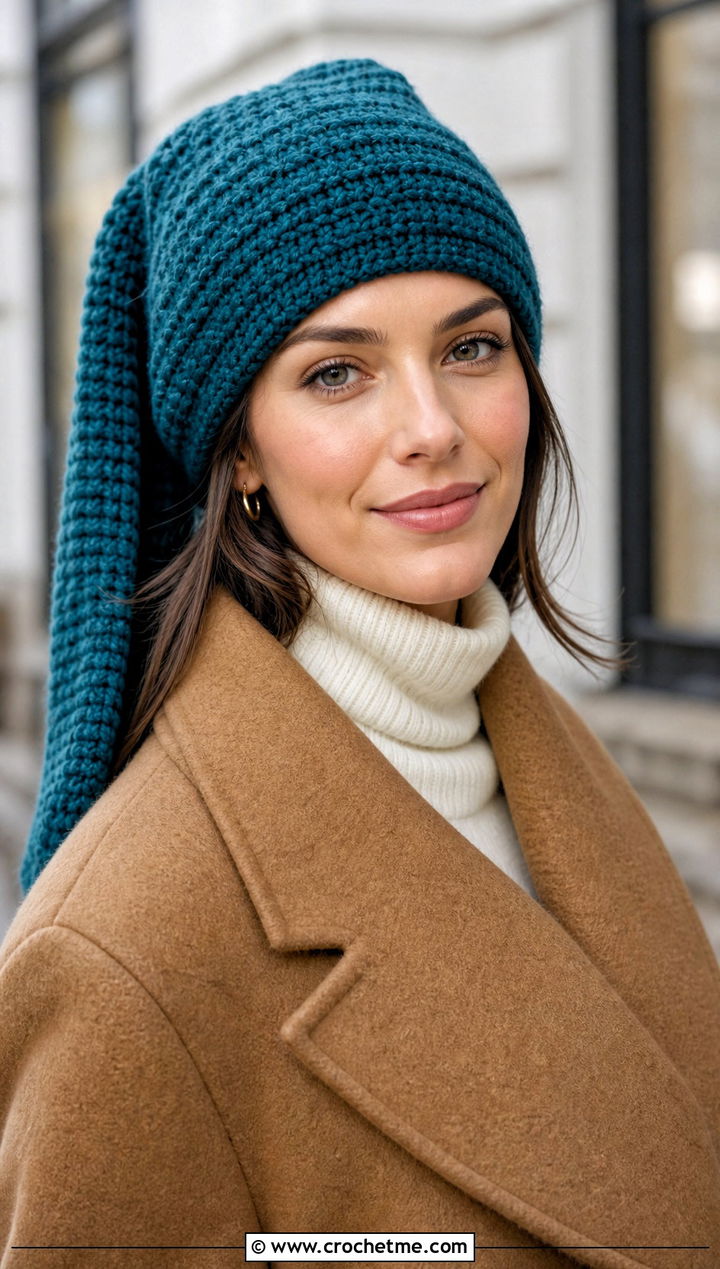 Fold Up Brim Crochet Long Stocking Cap With Wool Coat - 20 Crochet Long Stocking Cap outfit ideas