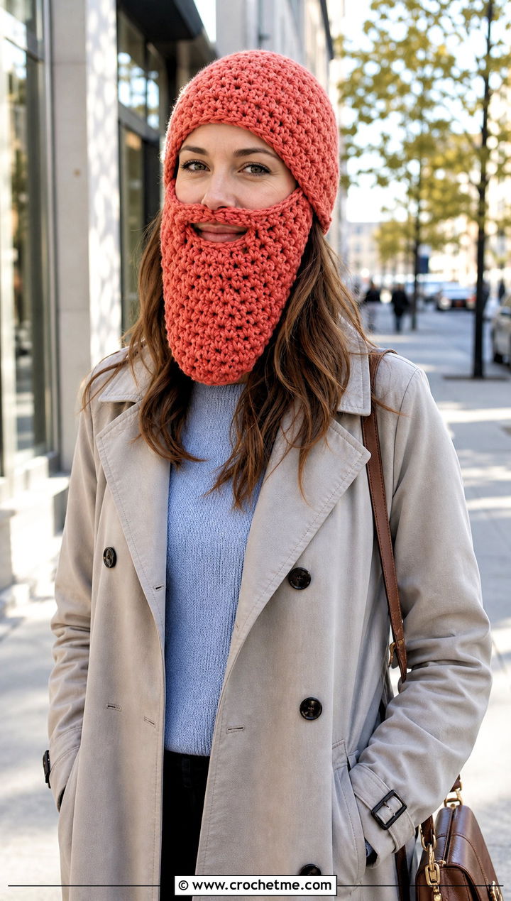 Foldaway Crochet Beard Hat With Trench Coat - 15 Crochet Hat With Beard outfit ideas