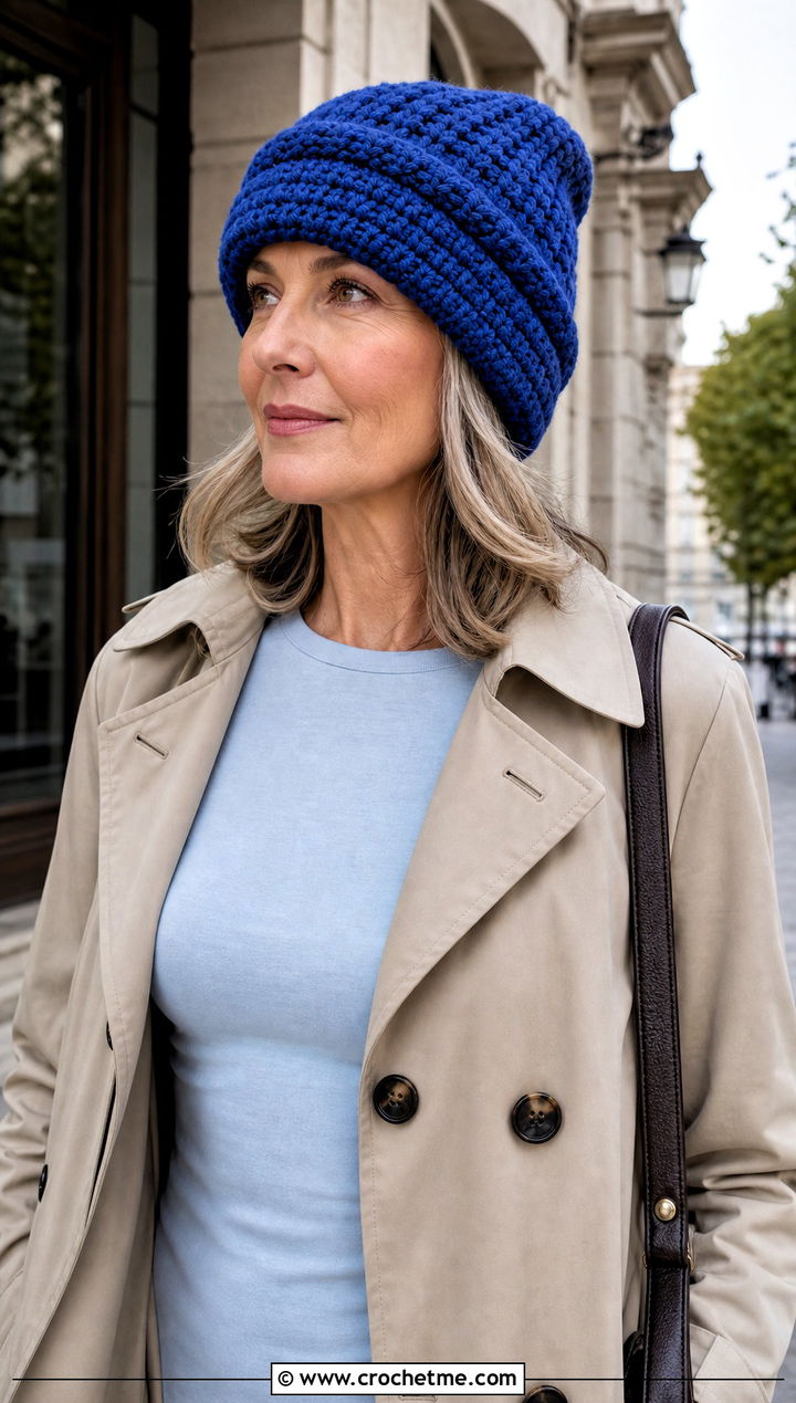 Folded Brim Bulky Crochet Beanie With Trench Coat - 30 bulky crochet beanie outfit ideas