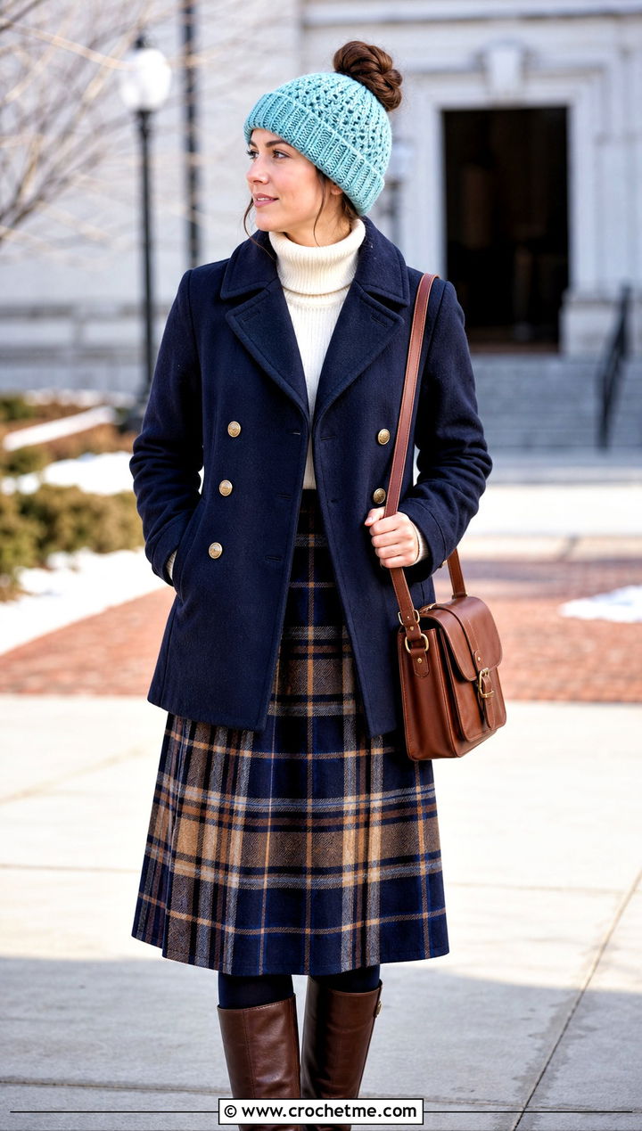Folded Brim Bun Crochet Beanie With Peacoat And Plaid Skirt - 25 Bun Crochet Beanie outfit ideas