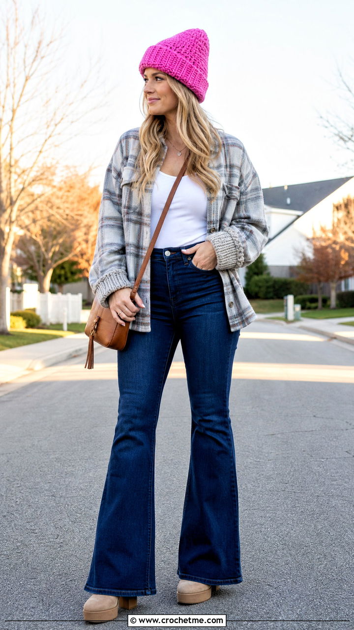 Folded Brim Chunky Crochet Beanie With Shacket And Flared Jeans - 35 chunky crochet beanie outfit ideas