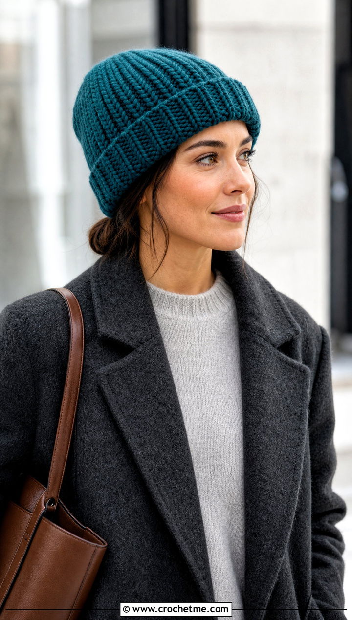 Folded Brim Chunky Ribbed Crochet Hat With Wool Coat - 25 Chunky Ribbed Crochet Hat outfit ideas