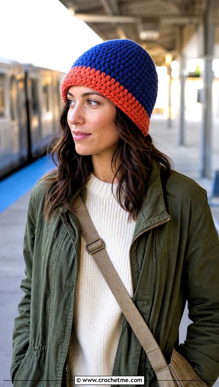 Folded Brim Crochet Beanie With Field Jacket And Cargo Skirt - 30 two color crochet beanie outfit ideas