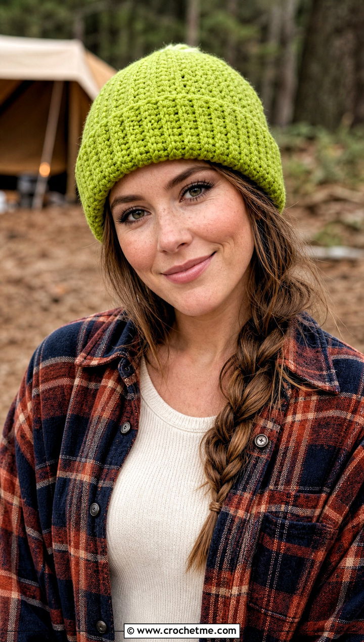 Folded Brim Crochet Beanie With Flannel Shirt - 35 basic crochet beanie outfit ideas