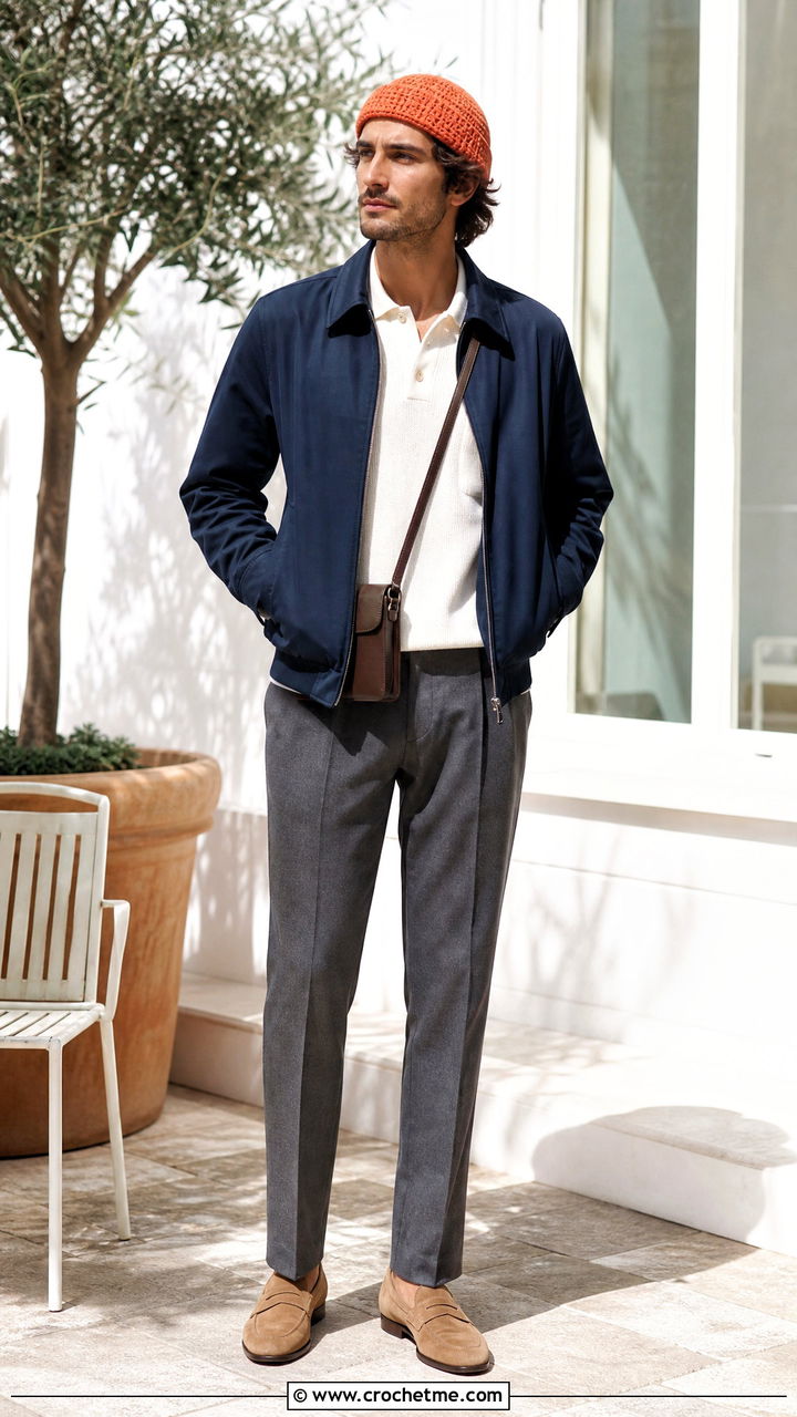 Folded Brim Crochet Beanie With Harrington Jacket And Trousers - 35 crochet beanie for men outfit ideas