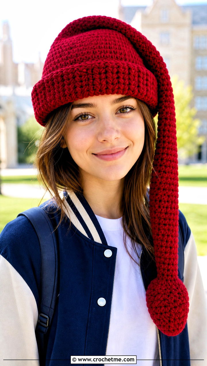 Folded Brim Crochet Link Hat With Varsity Jacket - 30 crochet link hat outfit ideas
