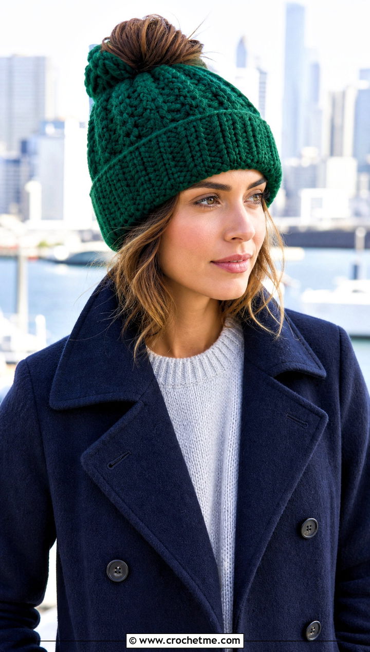 Folded Brim Crochet Messy Bun Hat With Peacoat - 20 Crochet Messy Bun Hat Bulky Yarn outfit ideas