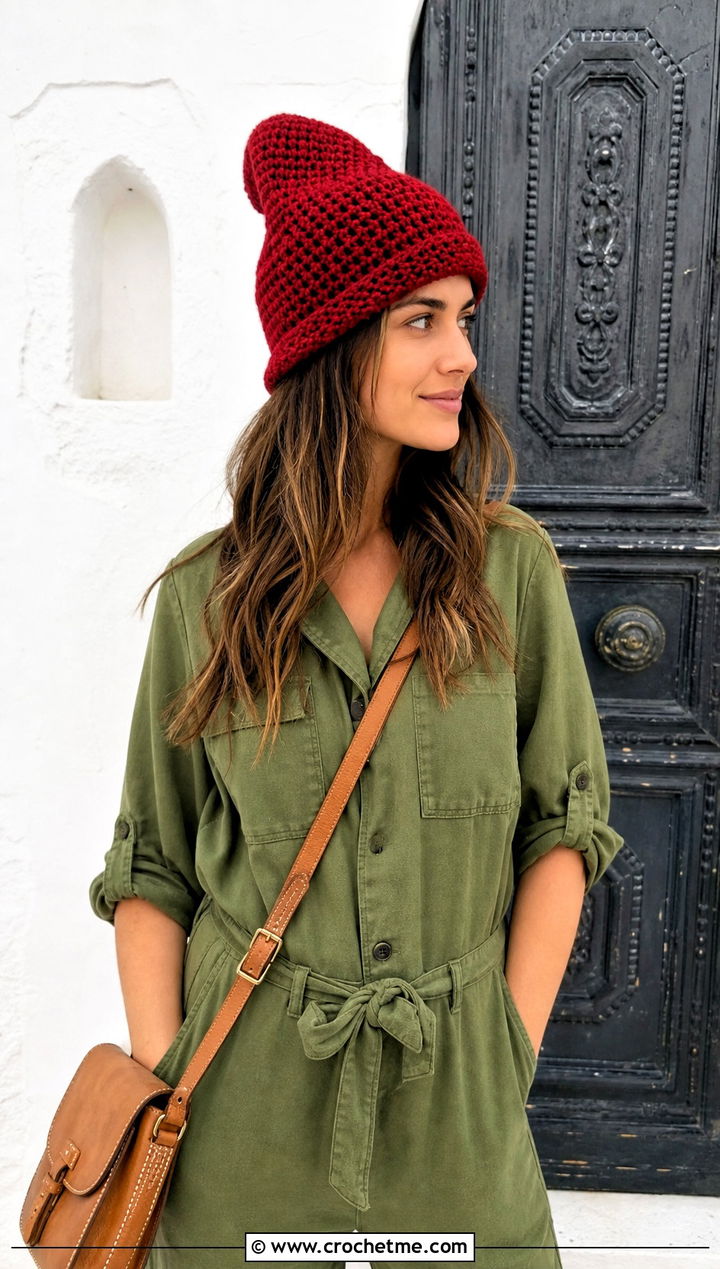 Folded Brim Crochet Phrygian Cap With Utility Jumpsuit - 15 crochet phrygian cap outfit ideas