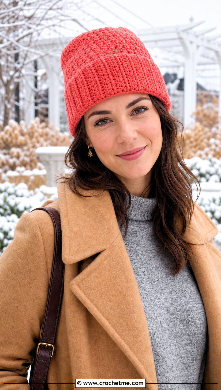 Folded Brim Crochet Rectangle Beanie With Sweater Dress And Boots - 25 Crochet Rectangle Beanie outfit ideas