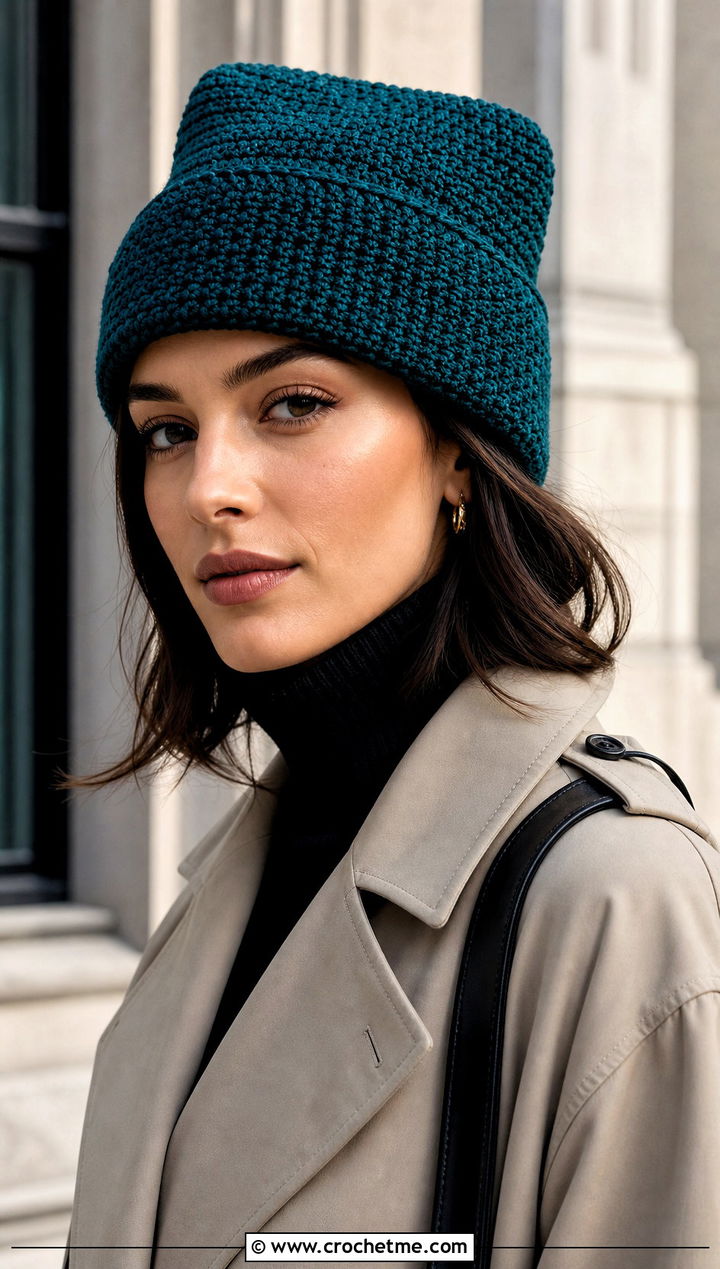 Folded Brim Crochet Rectangle Hat With Trench Coat - 25 Crochet Rectangle Hat outfit ideas