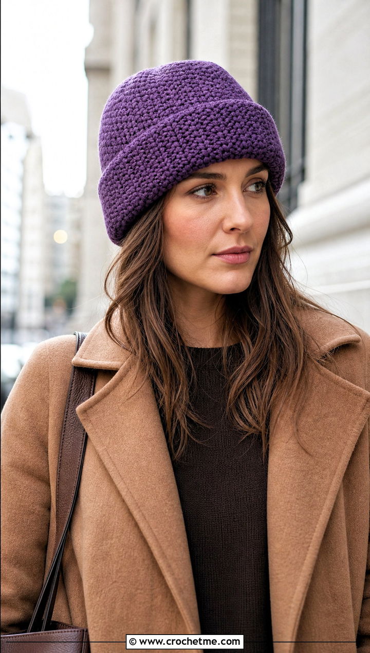 Folded Brim Crochet Stocking Cap With Camel Coat - 30 crochet stocking cap outfit ideas