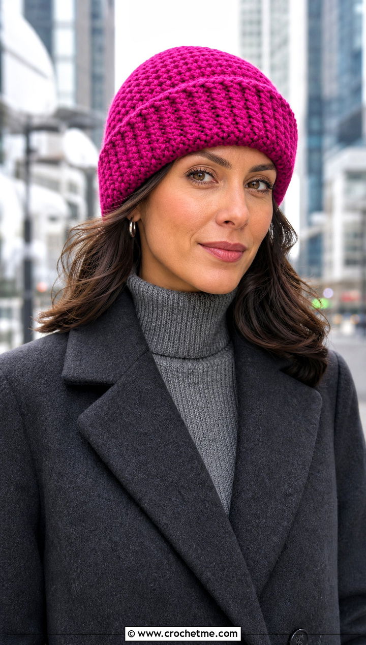 Folded Brim HDC Crochet Beanie With Wool Coat - 20 hdc crochet beanie outfit ideas