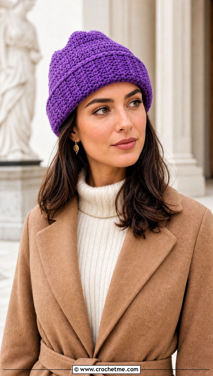 Folded Brim Mountain Ridge Crochet Beanie With Sweater Dress - 15 Mountain Ridge Crochet Beanie outfit ideas