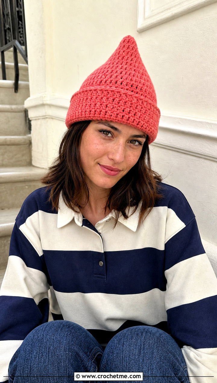 Folded Brim Pointed Crochet Hat With Rugby Shirt and Jeans - 20 Pointed Crochet Hat outfit ideas