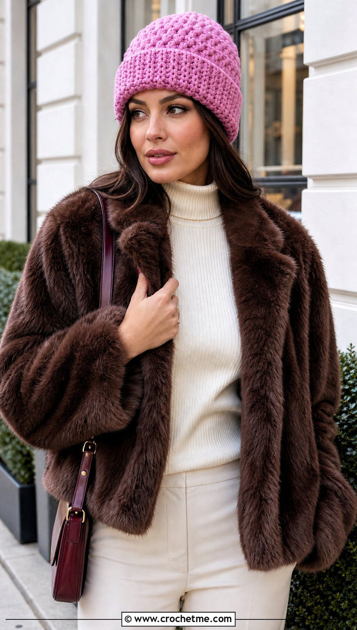 Folded Brim Puff Stitch Beanie With Faux Fur Coat And Mini Skirt - 25 crochet puff stitch beanie outfit ideas