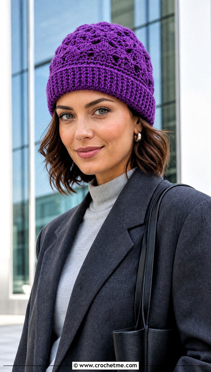 Folded Brim Shell Crochet Beanie With Blazer And Trousers - 20 shell crochet beanie outfit ideas