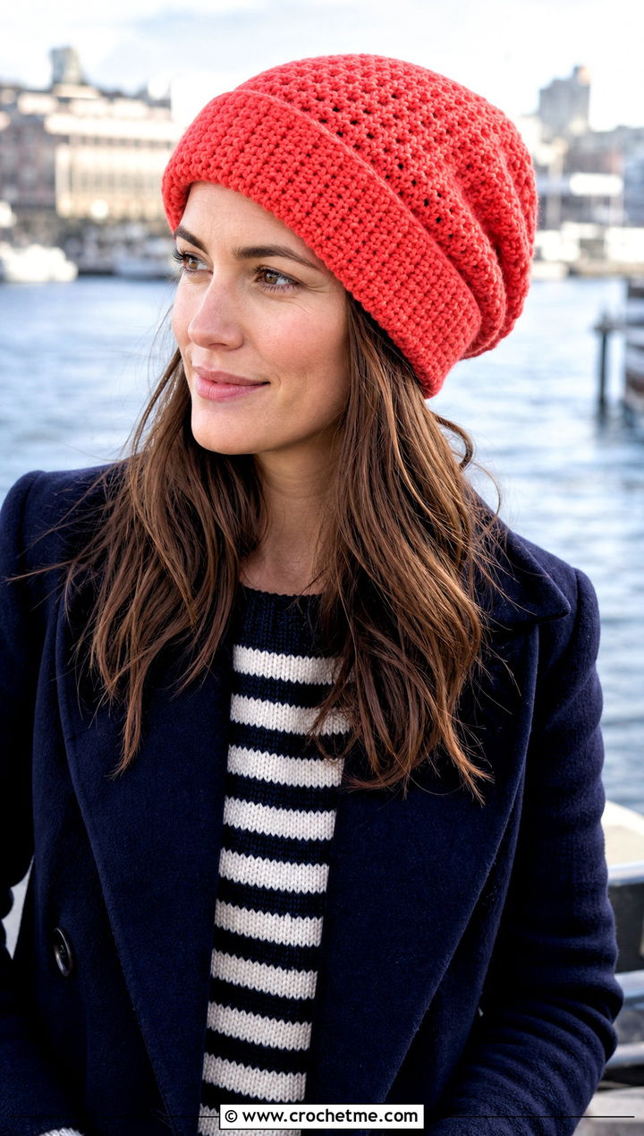 Folded Brim Slouchy Crochet Beanie With Peacoat - 25 Easy Slouchy Crochet Beanie outfit ideas