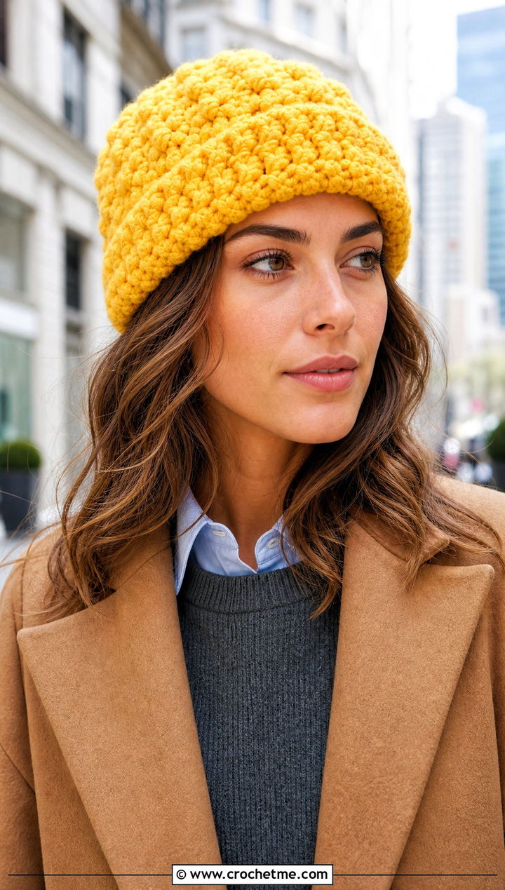 Folded Brim Snowy Puff Crochet Hat With Wool Coat - 15 snowy puff crochet hat outfit ideas