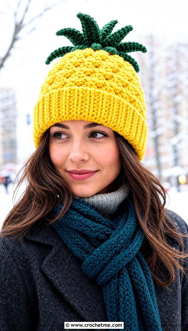 Folded Brim Yellow Crochet Pineapple Toque With A Wool Coat - 15 Yellow Crochet Pineapple Hat outfit ideas
