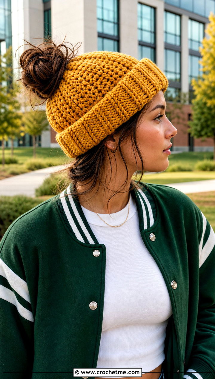 Folded Cuff Messy Bun Crochet Beanie With Varsity Jacket - 30 easy messy bun crochet beanie outfit ideas