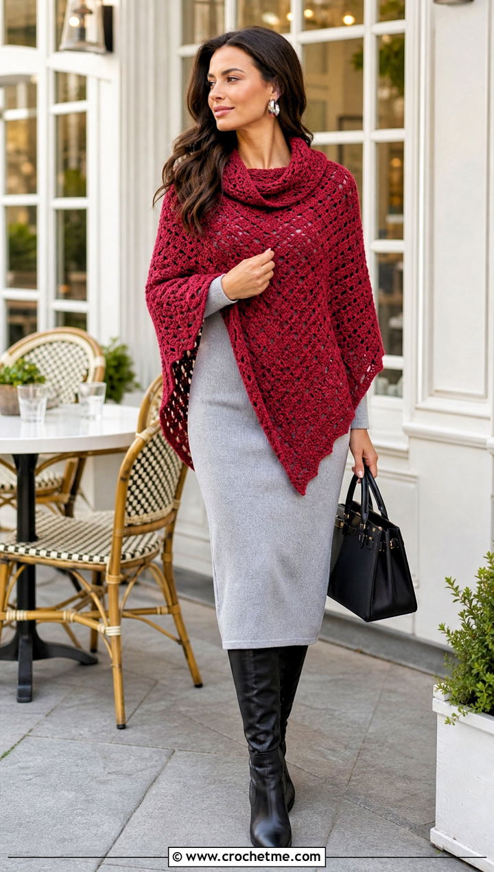 Foldover Collar Crochet Poncho With Knit Midi Dress - 25 Crochet Poncho With Collar outfit ideas