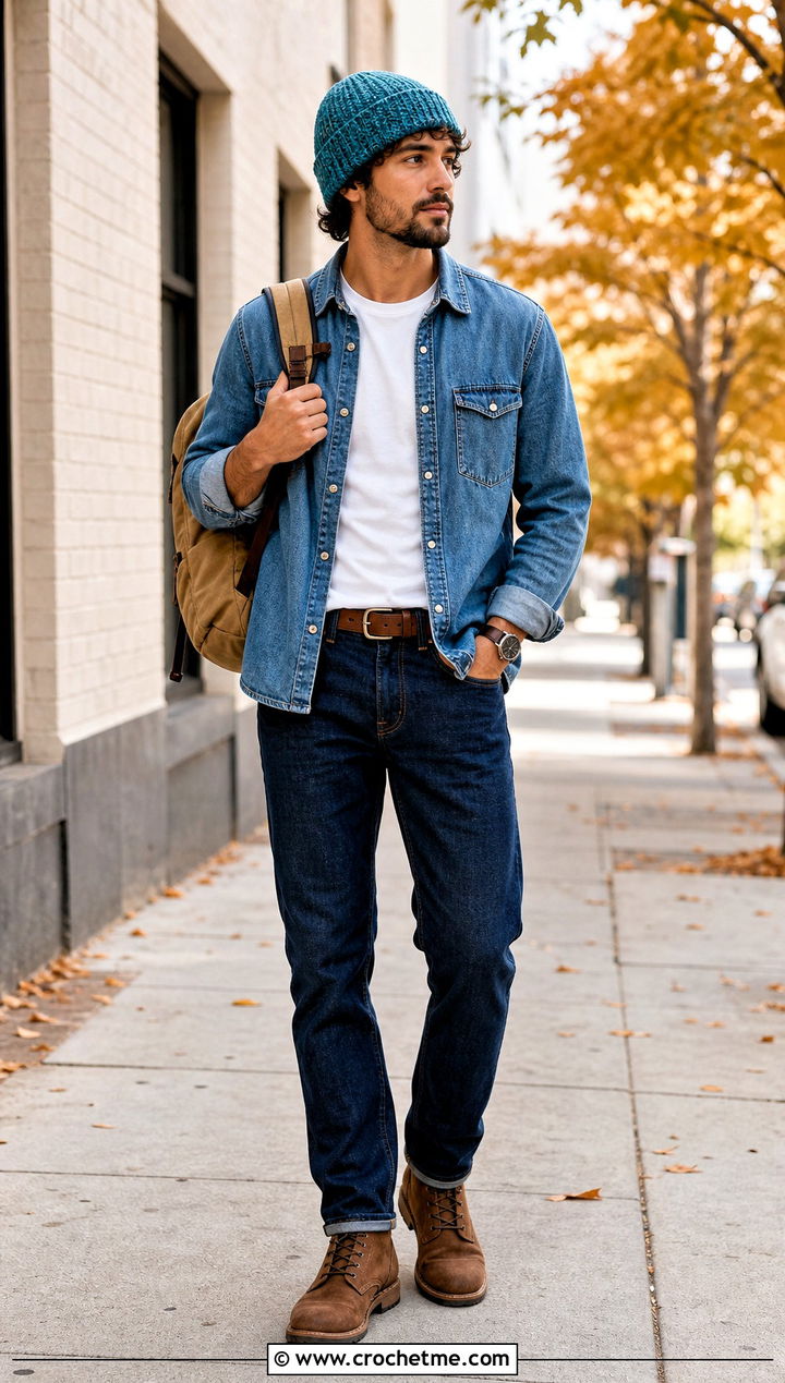 Foldover Crochet Beanie With Double Denim - 35 mens crochet beanie outfit ideas