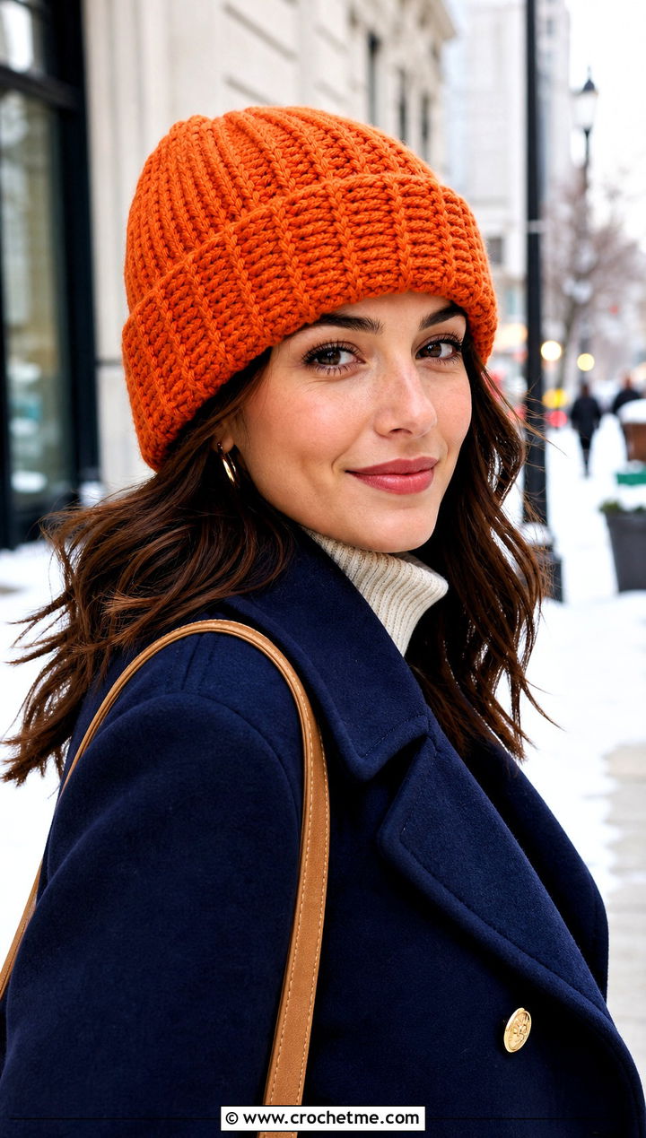 Foldover Cuff Crochet Beanie With Peacoat - 30 Quick Crochet Beanie outfit ideas