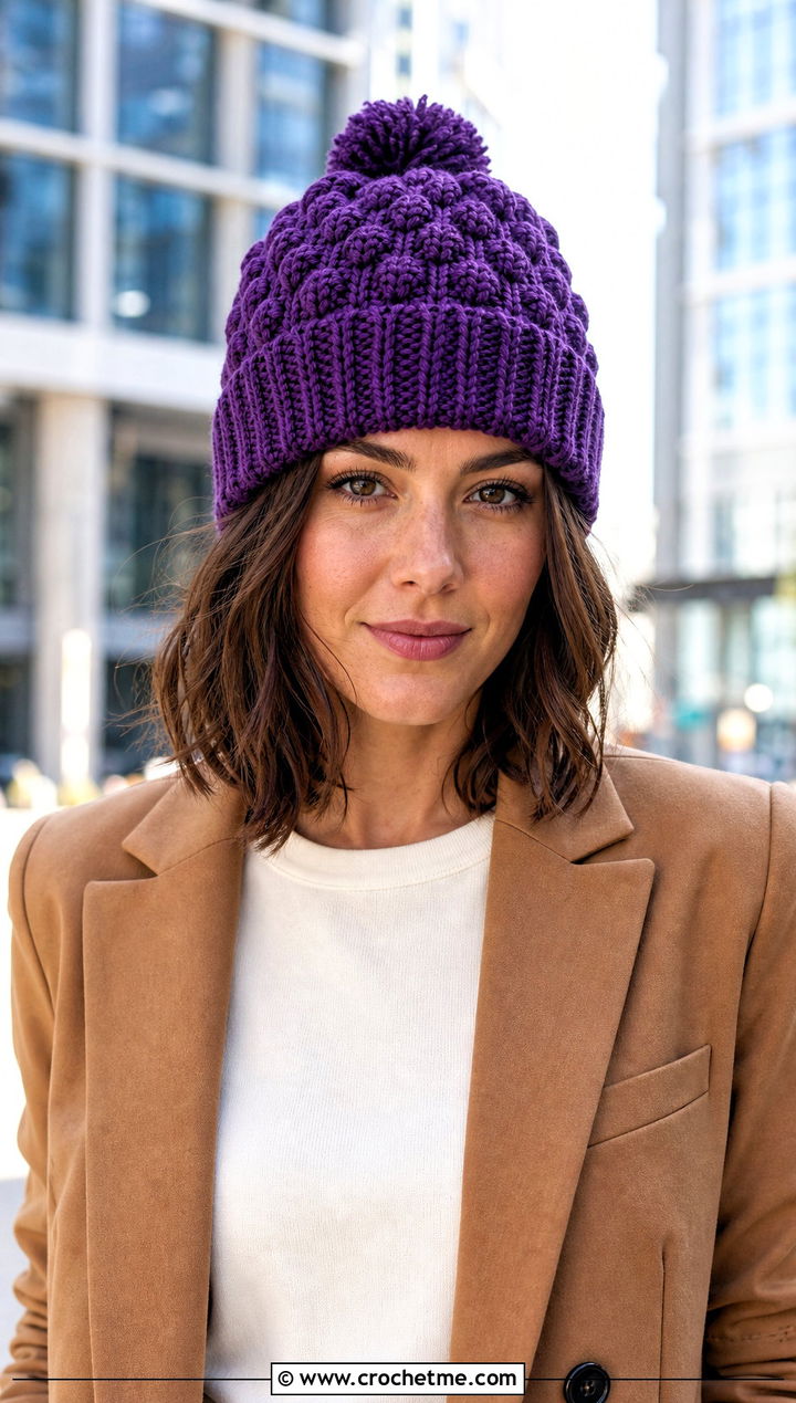 Foldover Cuff Crochet Bobble Hat With Tailored Suit - 30 crochet bobble hat outfit ideas