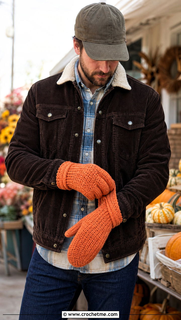 Foldover Cuff Crochet Mittens With Corduroy Jacket - 25 Crochet Mens Mittens outfit ideas