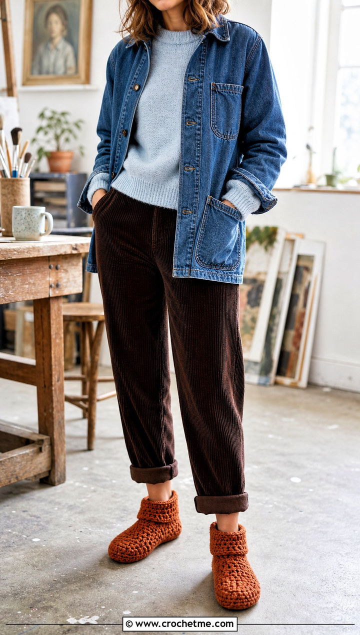 Foldover Cuff Crochet Slippers With Corduroy Pants - 25 crochet winter slippers outfit ideas