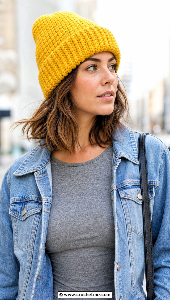 Foldover Knit Look Crochet Watch Cap With Denim Jacket - 25 Knit Look Crochet Hat outfit ideas
