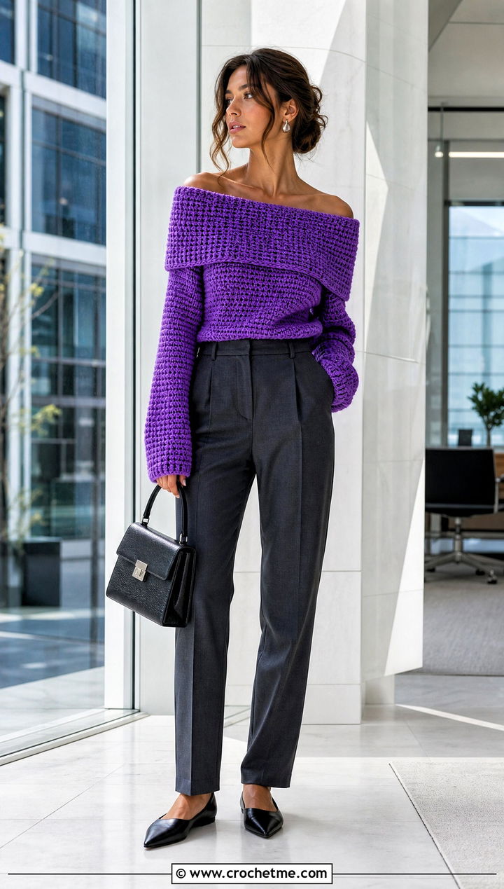 Foldover Off The Shoulder Crochet Sweater With Tailored Trousers - 30 off the shoulder crochet sweater outfit ideas