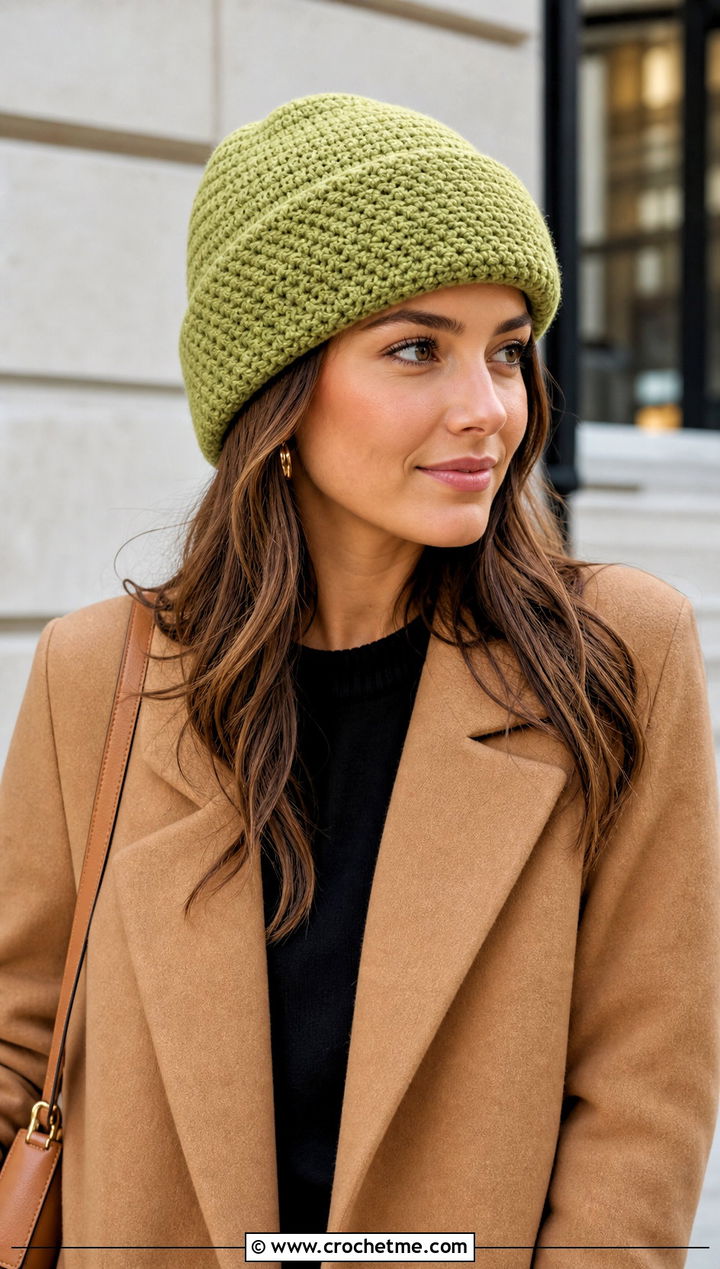 Foldover Short Row Crochet Beanie With Camel Coat - 25 short row crochet hat outfit ideas