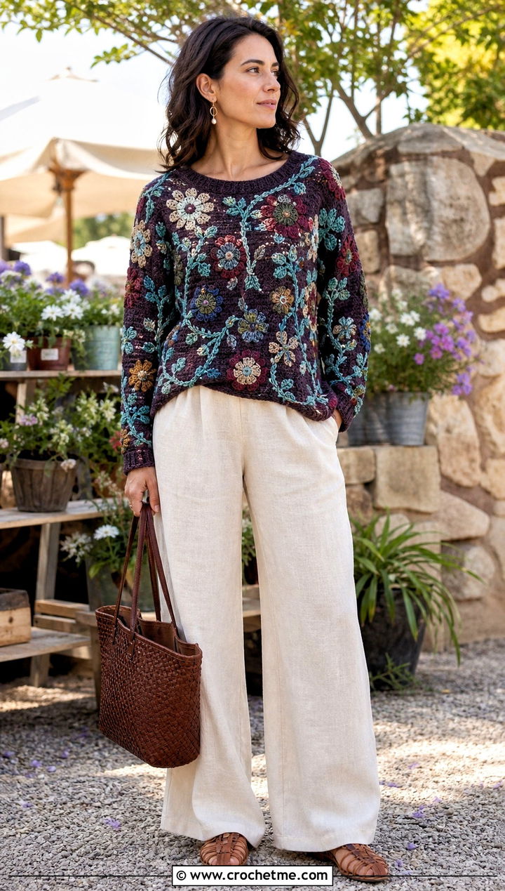 Folk Floral Tapestry Crochet Sweater With Linen Trousers - 30 tapestry crochet sweater outfit ideas